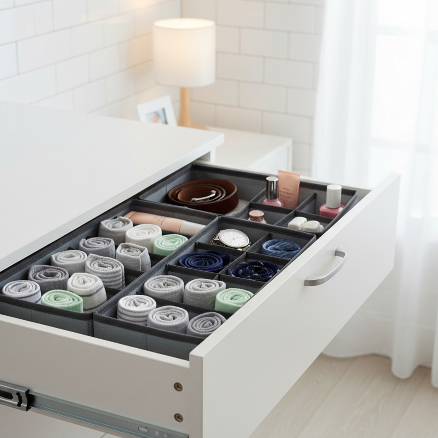 Organizador de Ropa Interior 8 Compartimentos – Separador de Cajones Plegable de Tela 32x16x10 cm – Gris – Caja Organizadora - imagen 5