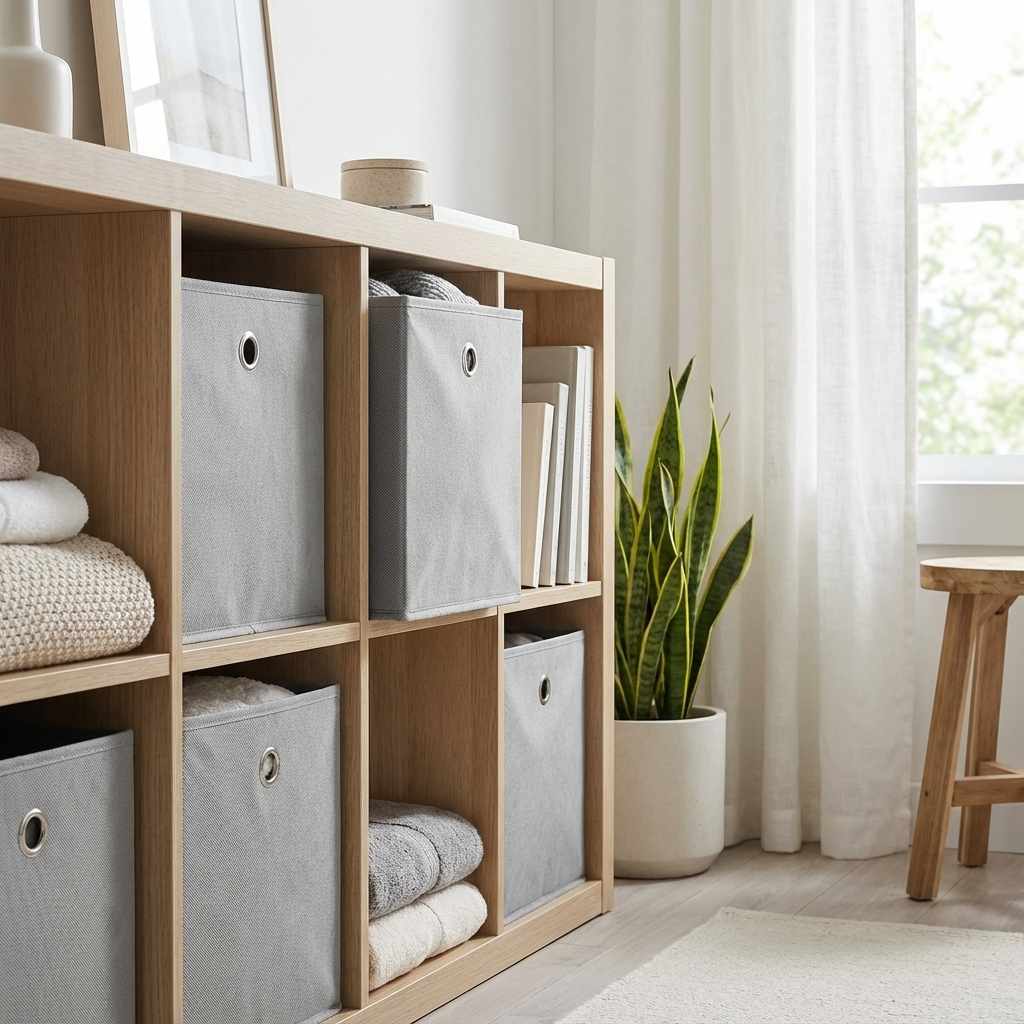 Caja de Almacenamiento Plegable de Tela 26x26x26 cm – Organizador para Armario, Estantería y Hogar – Gris - imagen 6