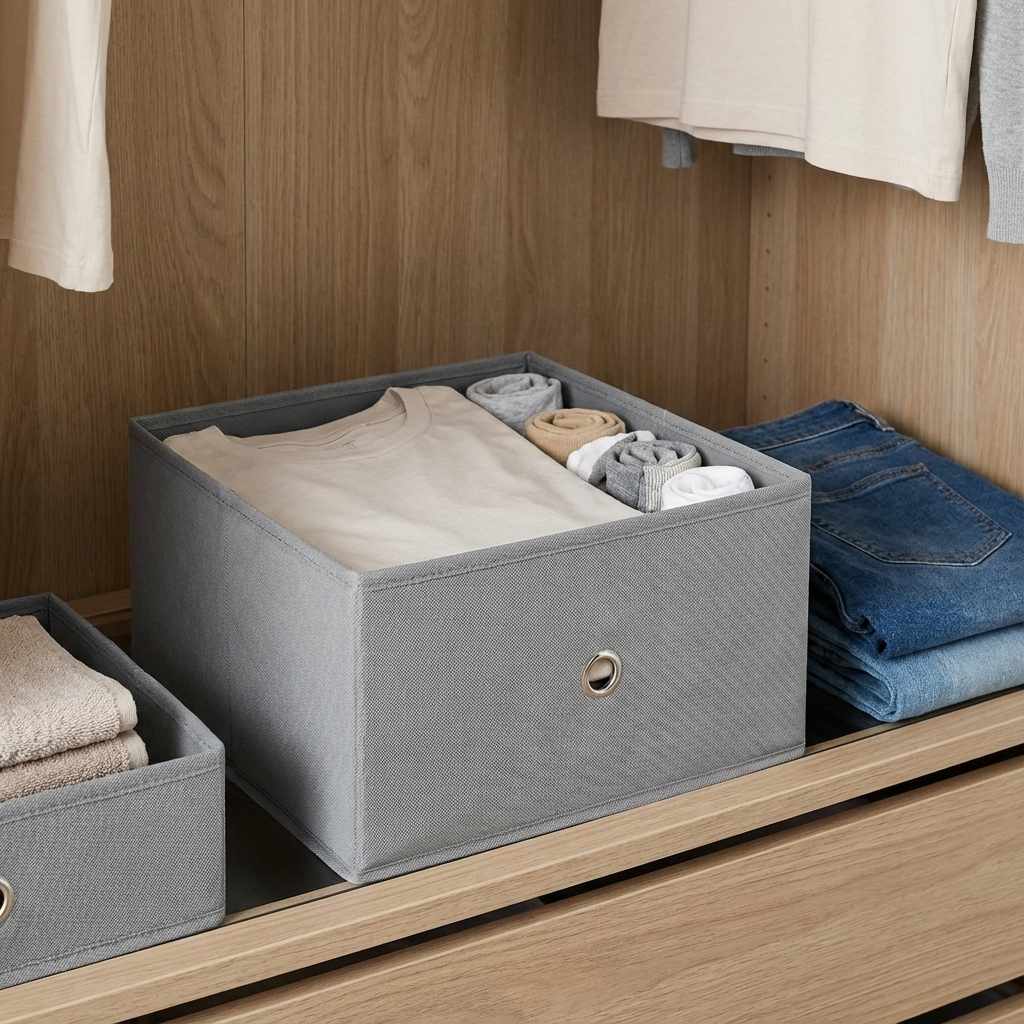Caja de Almacenamiento Plegable de Tela 26,5x26,5x13 cm – Organizador de Armario, Estantería y Hogar – Color Gris - imagen 5