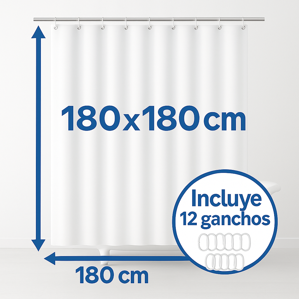 Cortina de Ducha de PEVA Resistente al Agua y al Moho, con Ojales y 12 Ganchos - 180x180cm - Blanco - imagen 3