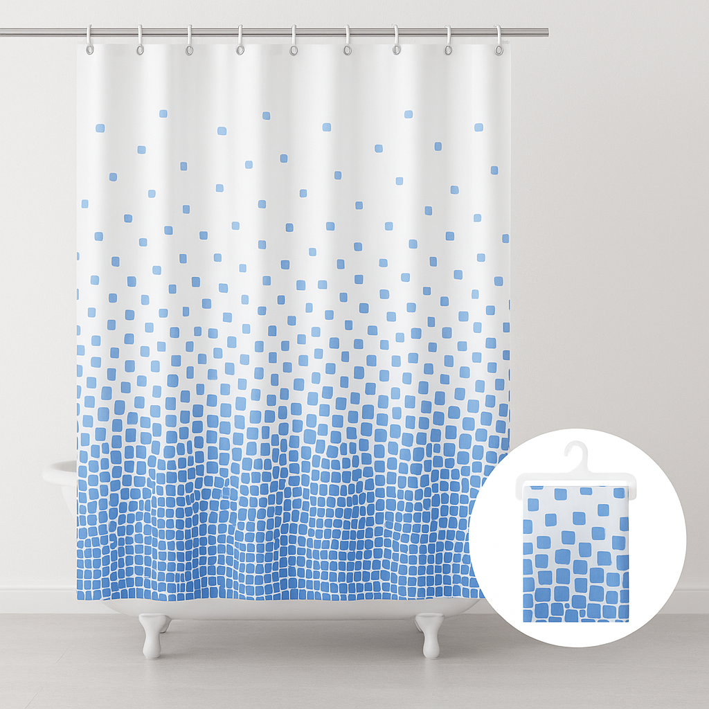 Cortina de Ducha de PEVA Resistente al Agua y al Moho, con Ojales y 12 Ganchos - 180x180cm - Blanco y Azul