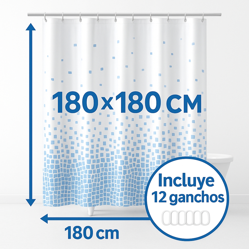 Cortina de Ducha de PEVA Resistente al Agua y al Moho, con Ojales y 12 Ganchos - 180x180cm - Blanco y Azul - imagen 3