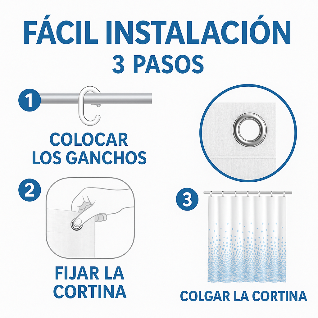 Cortina de Ducha de PEVA Resistente al Agua y al Moho, con Ojales y 12 Ganchos - 180x180cm - Blanco y Azul - imagen 6