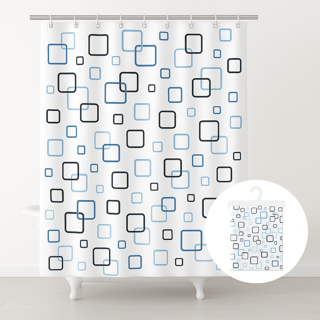Cortina de Ducha de PEVA Resistente al Agua y al Moho, con Ojales y 12 Ganchos - 180x180cm - Blanco y Azul - Formas Cuadradas