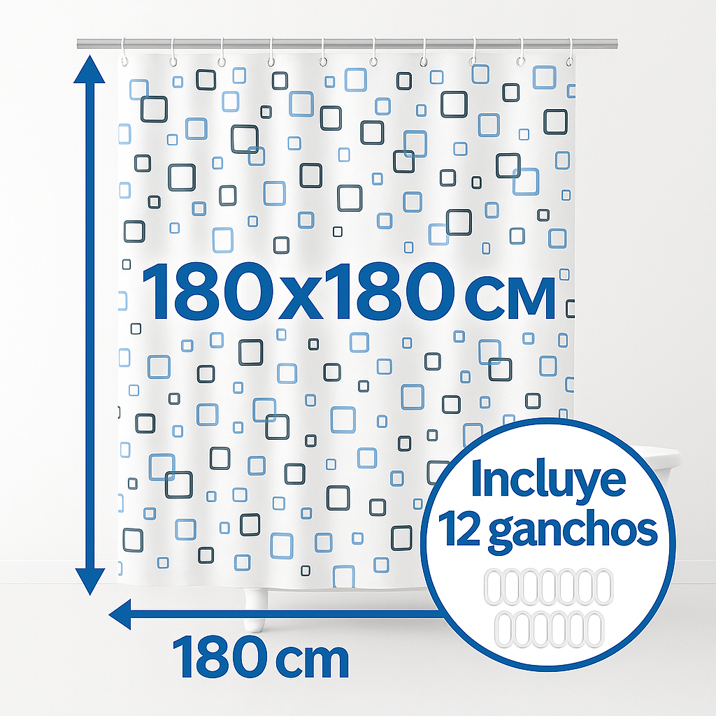 Cortina de Ducha de PEVA Resistente al Agua y al Moho, con Ojales y 12 Ganchos - 180x180cm - Blanco y Azul - Formas Cuadradas - imagen 3