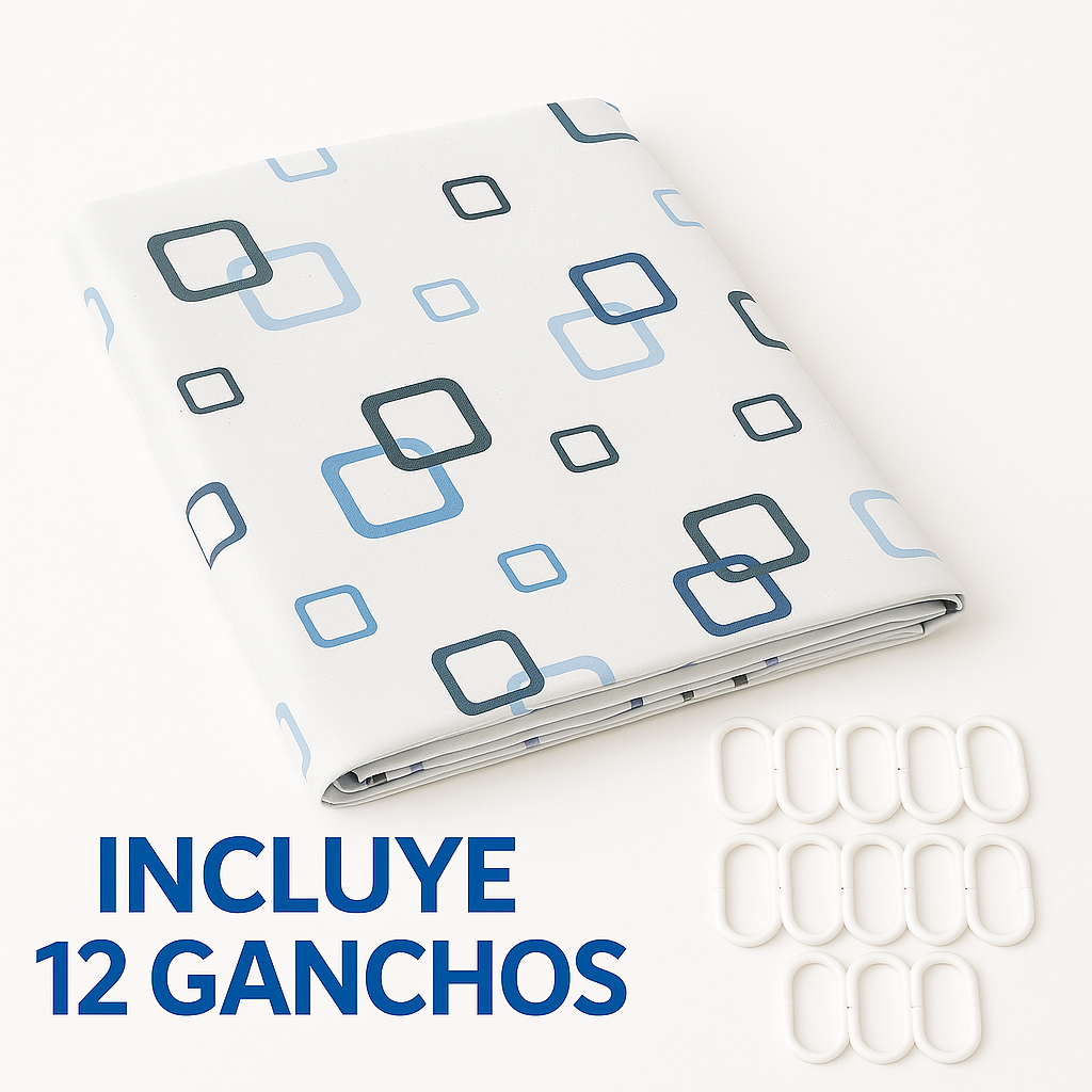 Cortina de Ducha de PEVA Resistente al Agua y al Moho, con Ojales y 12 Ganchos - 180x180cm - Blanco y Azul - Formas Cuadradas - imagen 5