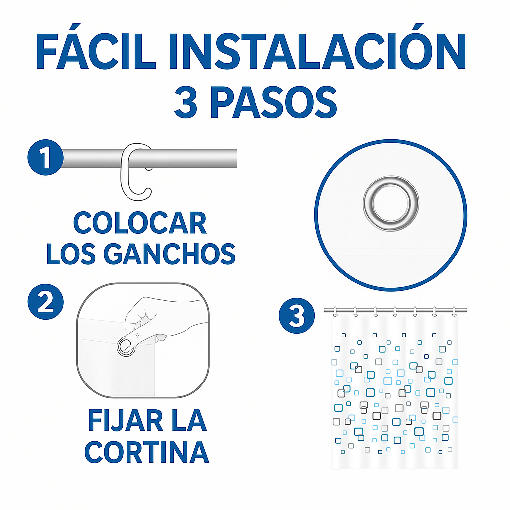 Cortina de Ducha de PEVA Resistente al Agua y al Moho, con Ojales y 12 Ganchos - 180x180cm - Blanco y Azul - Formas Cuadradas - imagen 6