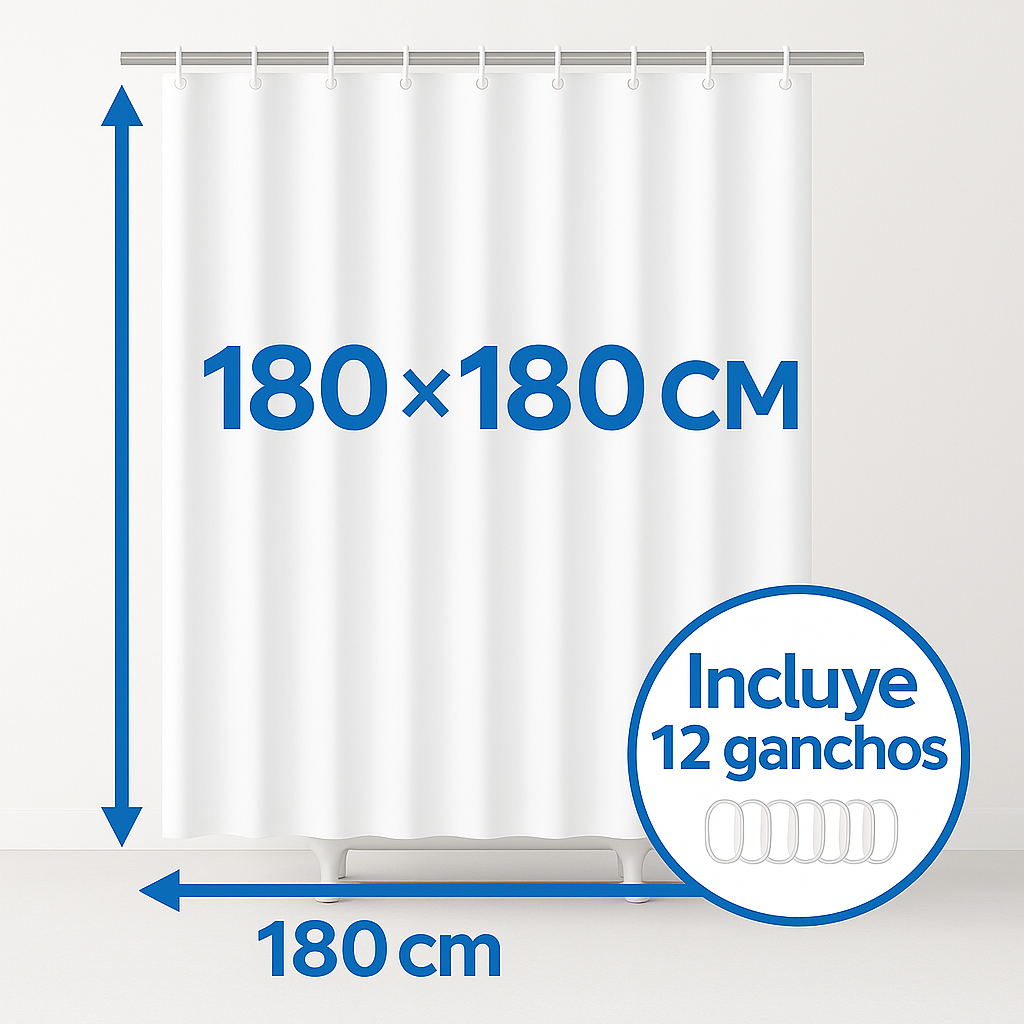 Cortina de Ducha de Tela Resistente al Agua y al Moho, con Ojales y 12 Ganchos - 180x180cm - Blanco - 100% Poliester - imagen 3
