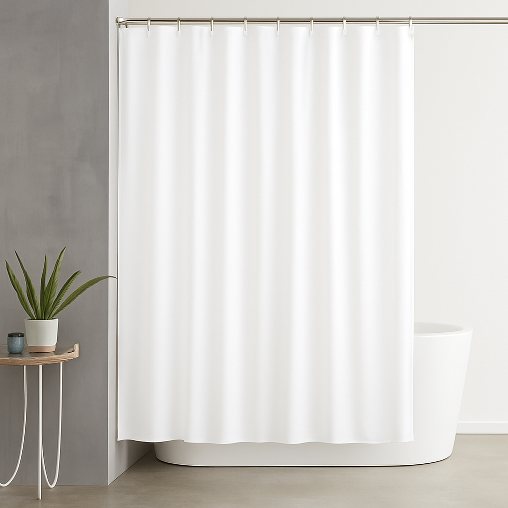 Cortina de Ducha de Tela Resistente al Agua y al Moho, con Ojales y 12 Ganchos - 180x180cm - Blanco - 100% Poliester