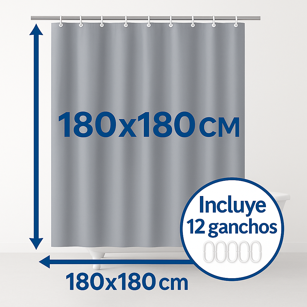 Cortina de Ducha de Tela Resistente al Agua y al Moho, con Ojales y 12 Ganchos - 180x180cm - Gris - 100% Poliester - imagen 3