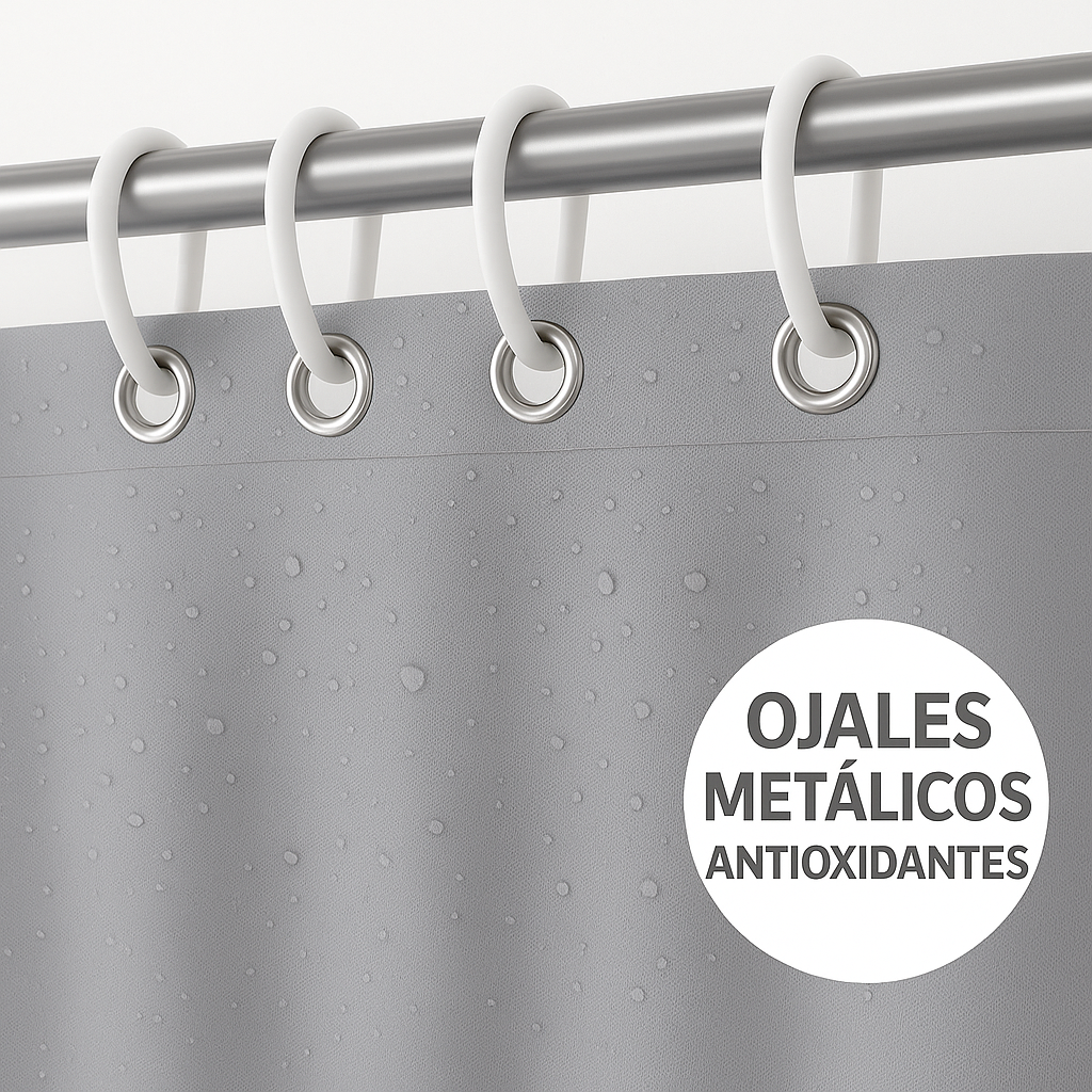 Cortina de Ducha de Tela Resistente al Agua y al Moho, con Ojales y 12 Ganchos - 180x180cm - Gris - 100% Poliester - imagen 4