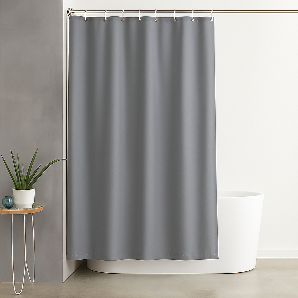 Cortina de Ducha de Tela Resistente al Agua y al Moho, con Ojales y 12 Ganchos - 180x180cm - Gris - 100% Poliester
