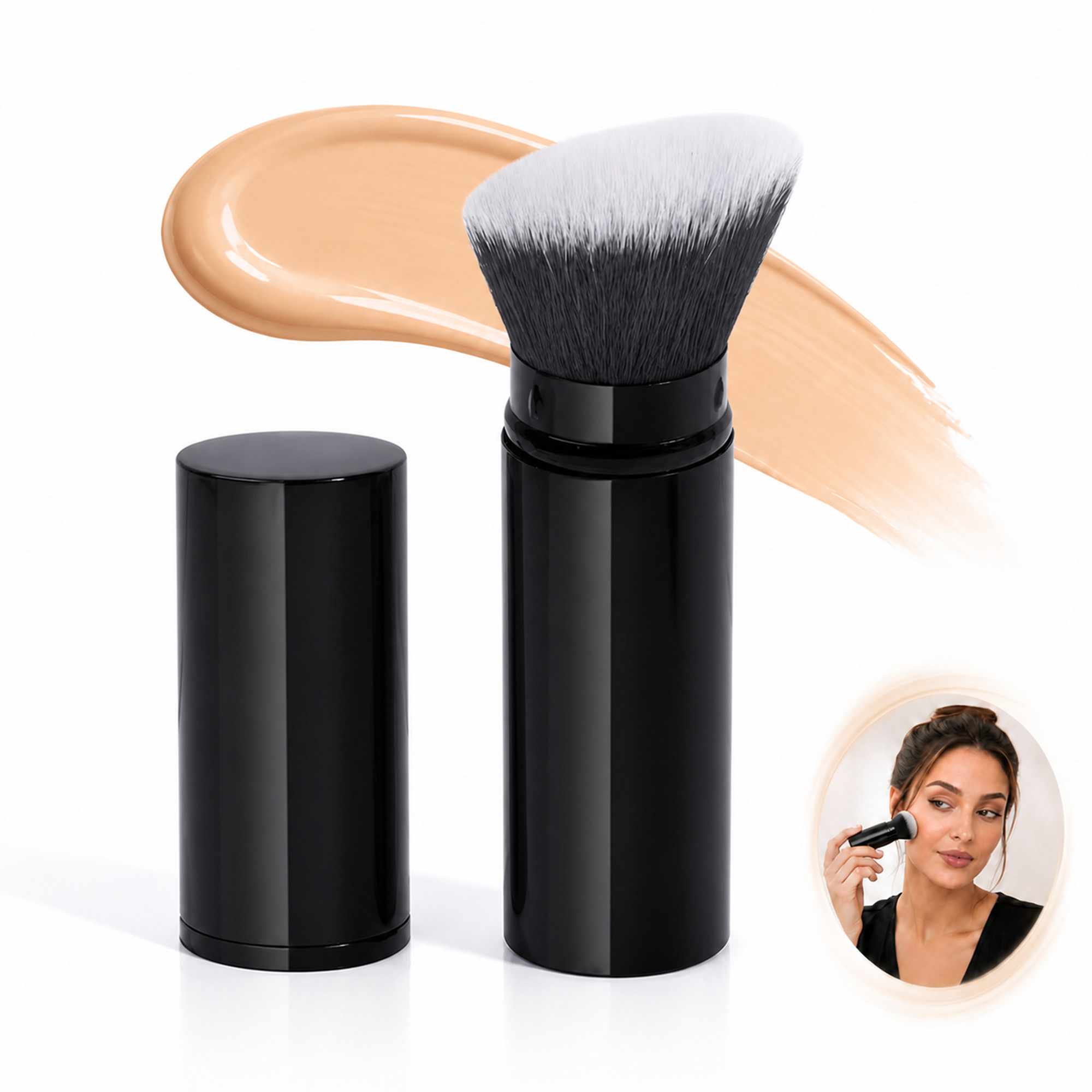 Brocha Kabuki Retráctil Negra de Aluminio para Base, Cerdas Suaves, Corte Plano