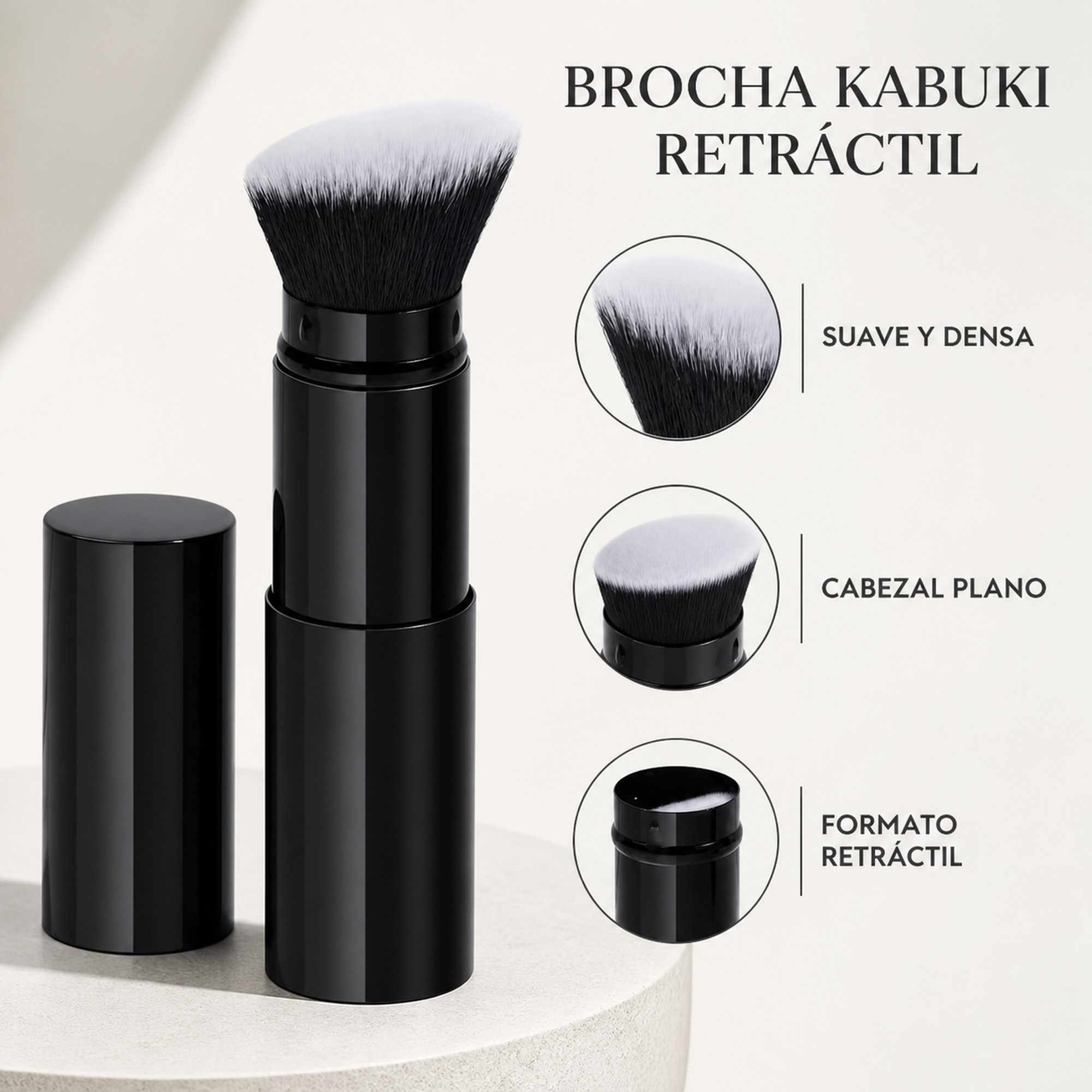 Brocha Kabuki Retráctil Negra de Aluminio para Base, Cerdas Suaves, Corte Plano - imagen 2