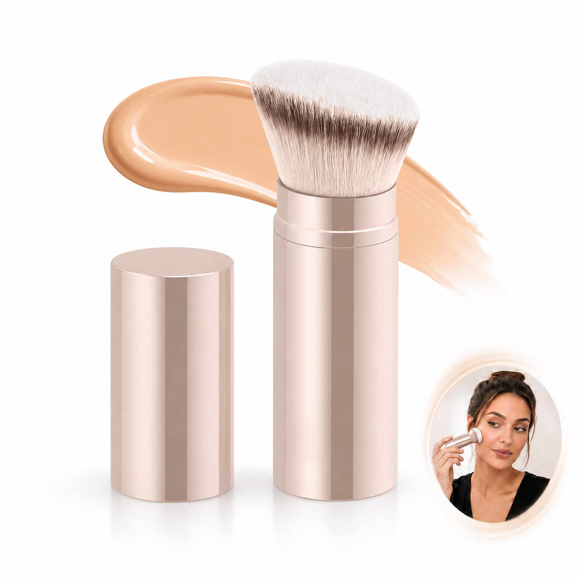 Brocha Kabuki Retráctil Dorado de Aluminio para Base, Cerdas Suaves, Corte Plano