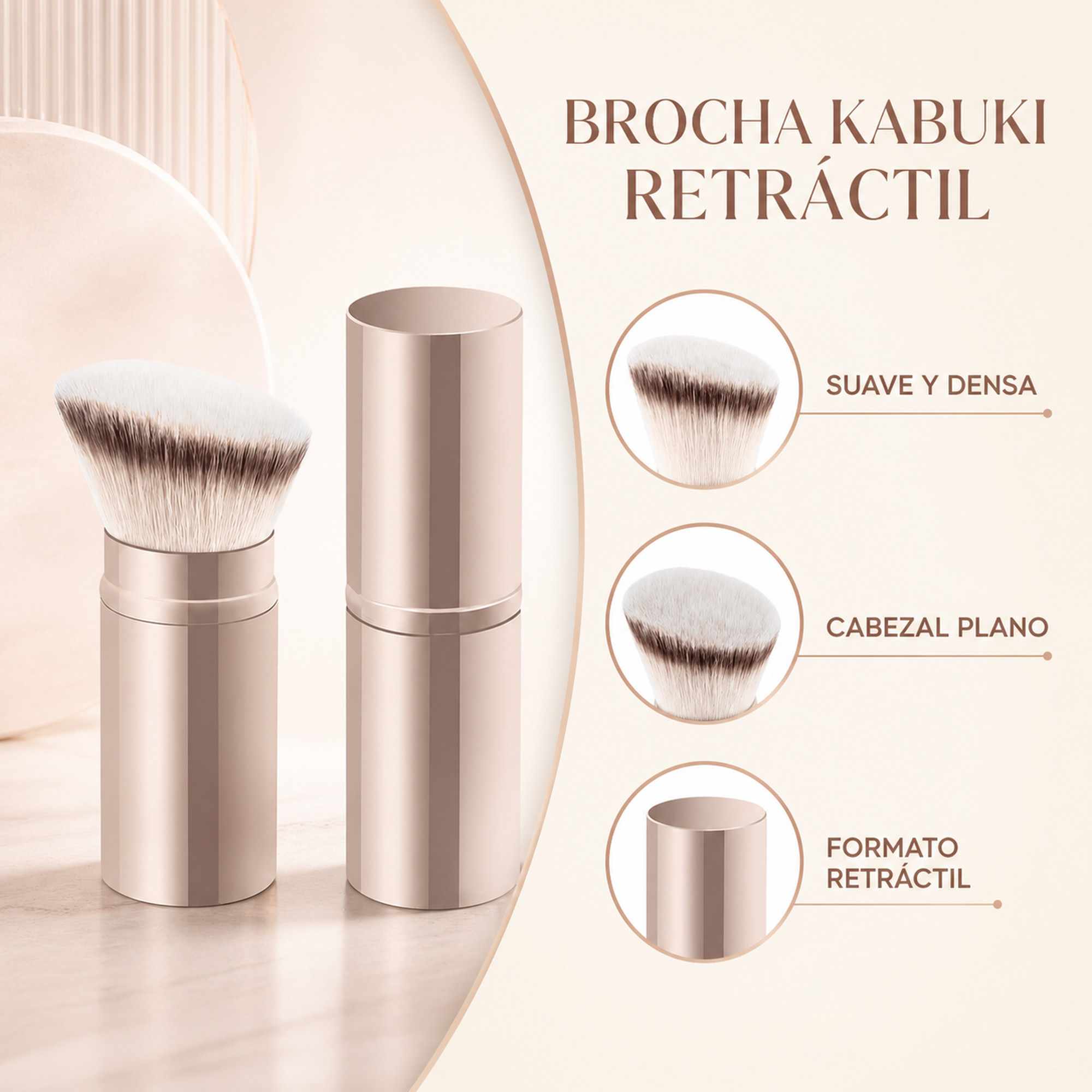 Brocha Kabuki Retráctil Dorado de Aluminio para Base, Cerdas Suaves, Corte Plano - imagen 2