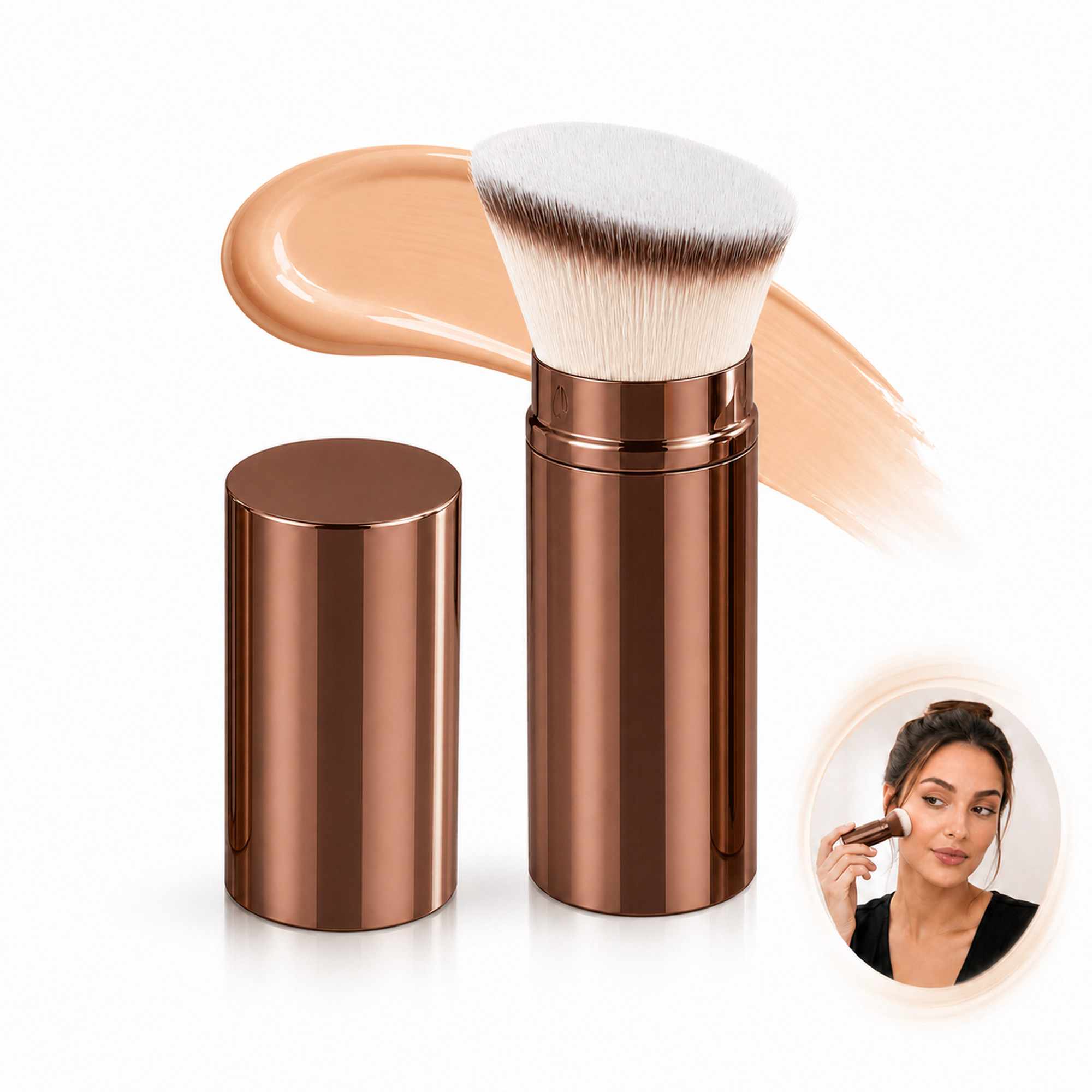 Brocha Kabuki Retráctil Marron de Aluminio para Base, Cerdas Suaves, Corte Plano - imagen 1