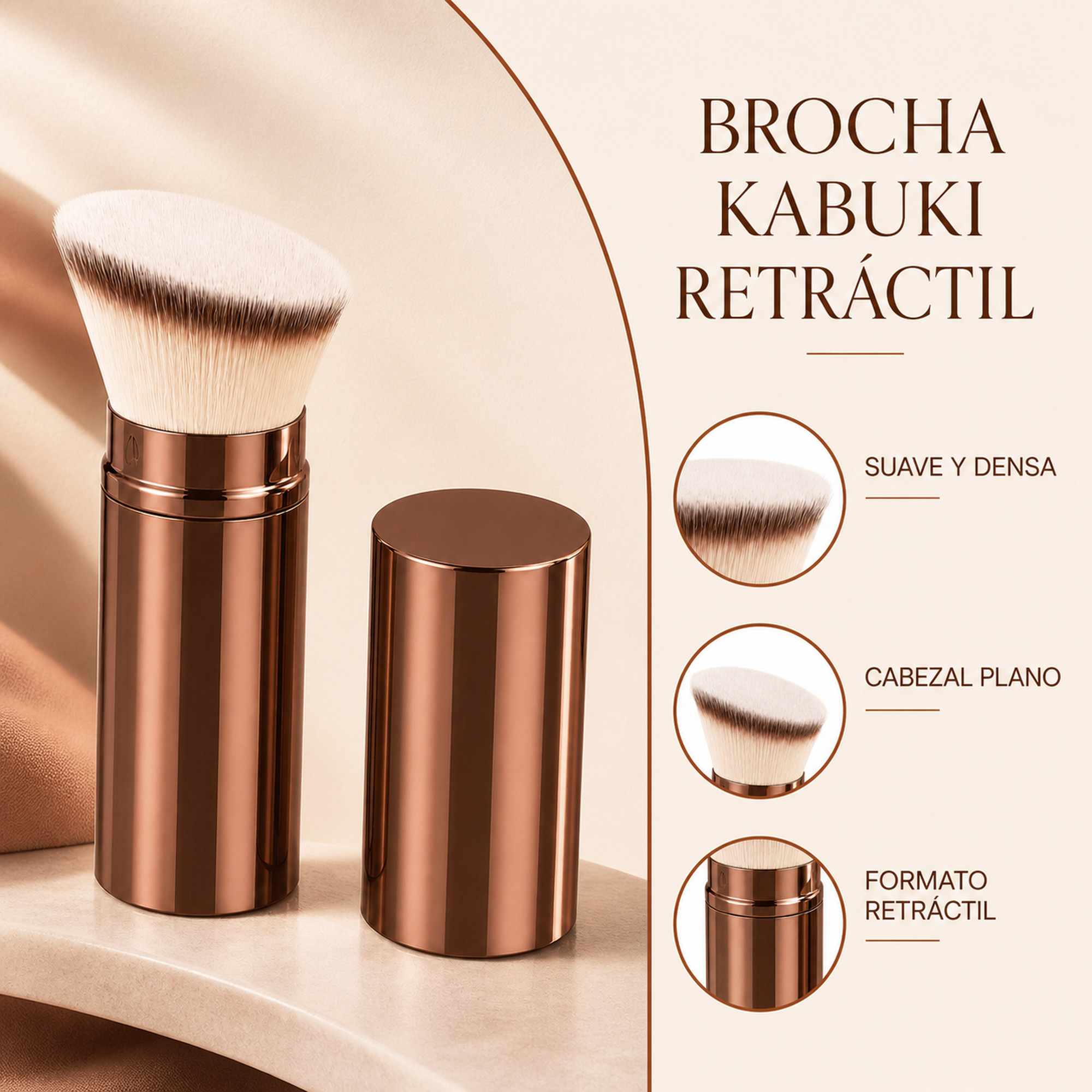 Brocha Kabuki Retráctil Marron de Aluminio para Base, Cerdas Suaves, Corte Plano - imagen 2