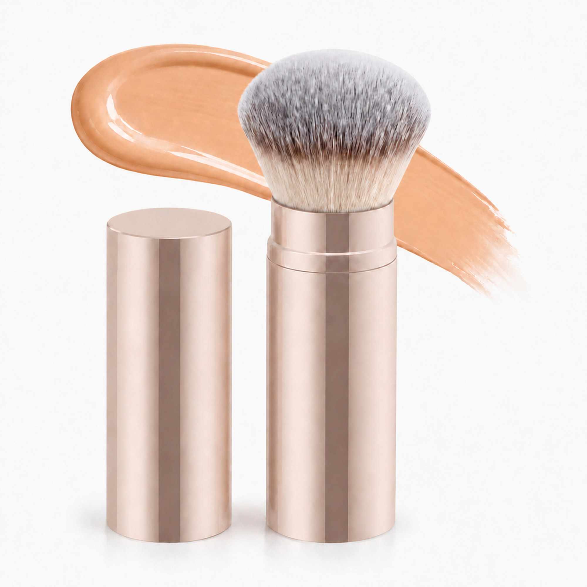 Brocha Kabuki Retráctil Dorado de Aluminio para Base, Cerdas Suaves, Corte Redondo