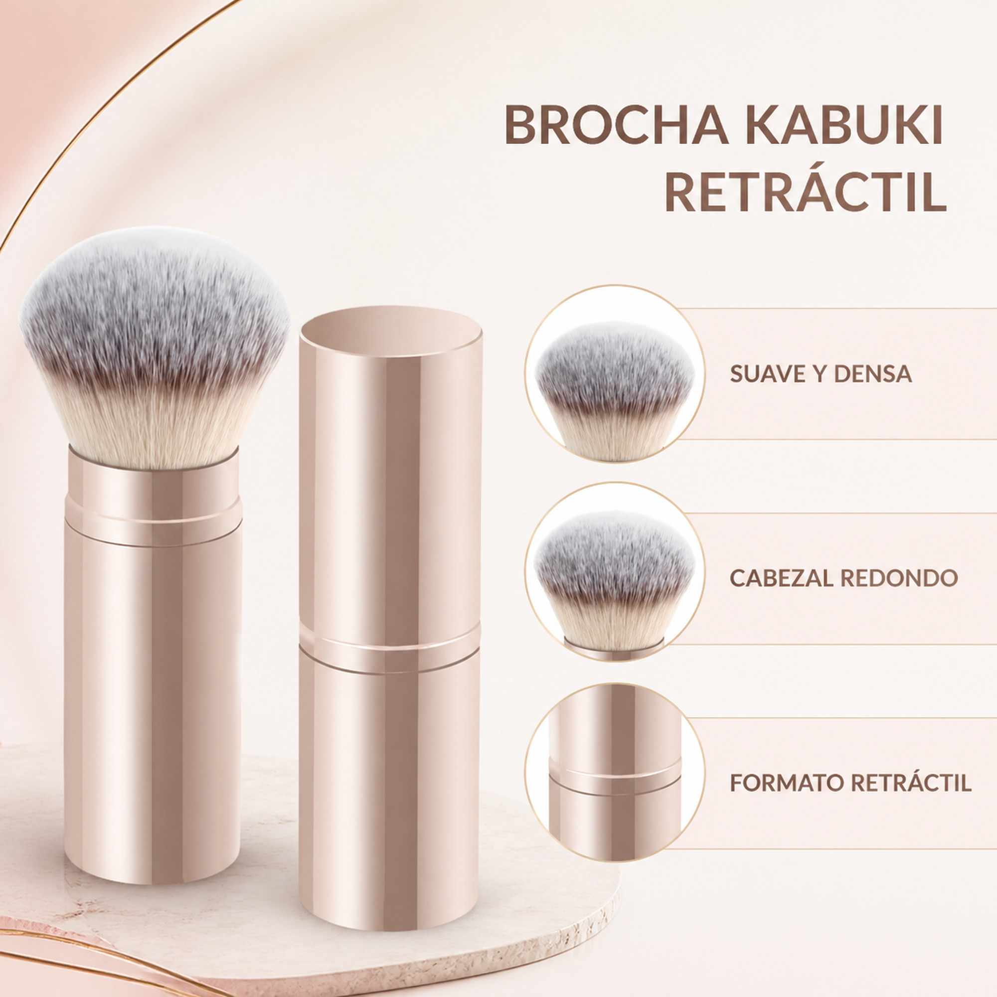 Brocha Kabuki Retráctil Dorado de Aluminio para Base, Cerdas Suaves, Corte Redondo - imagen 2