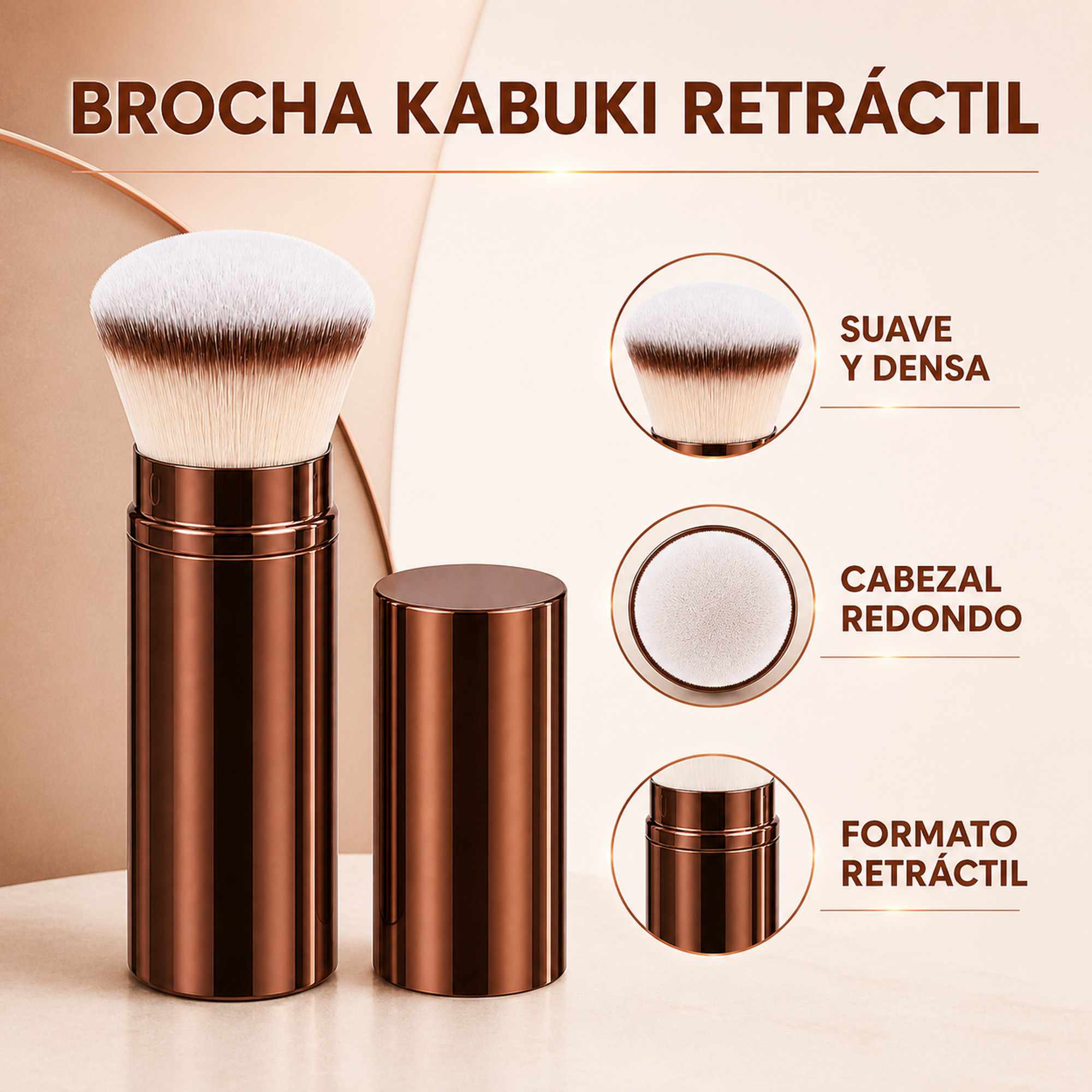 Brocha Kabuki Retráctil Marron de Aluminio para Base, Cerdas Suaves, Corte Redondo - imagen 2