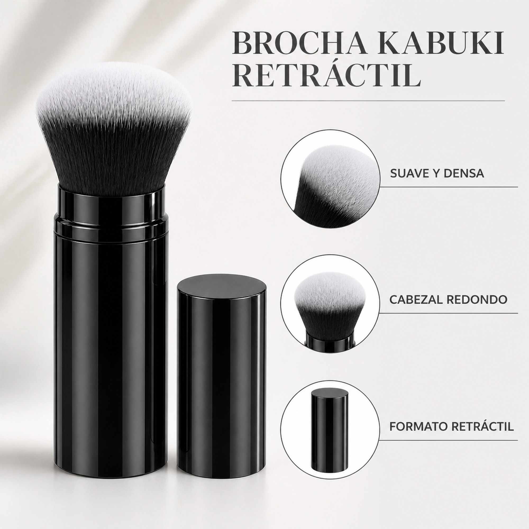 Brocha Kabuki Retráctil Negro de Aluminio para Base, Cerdas Suaves, Corte Redondo - imagen 2