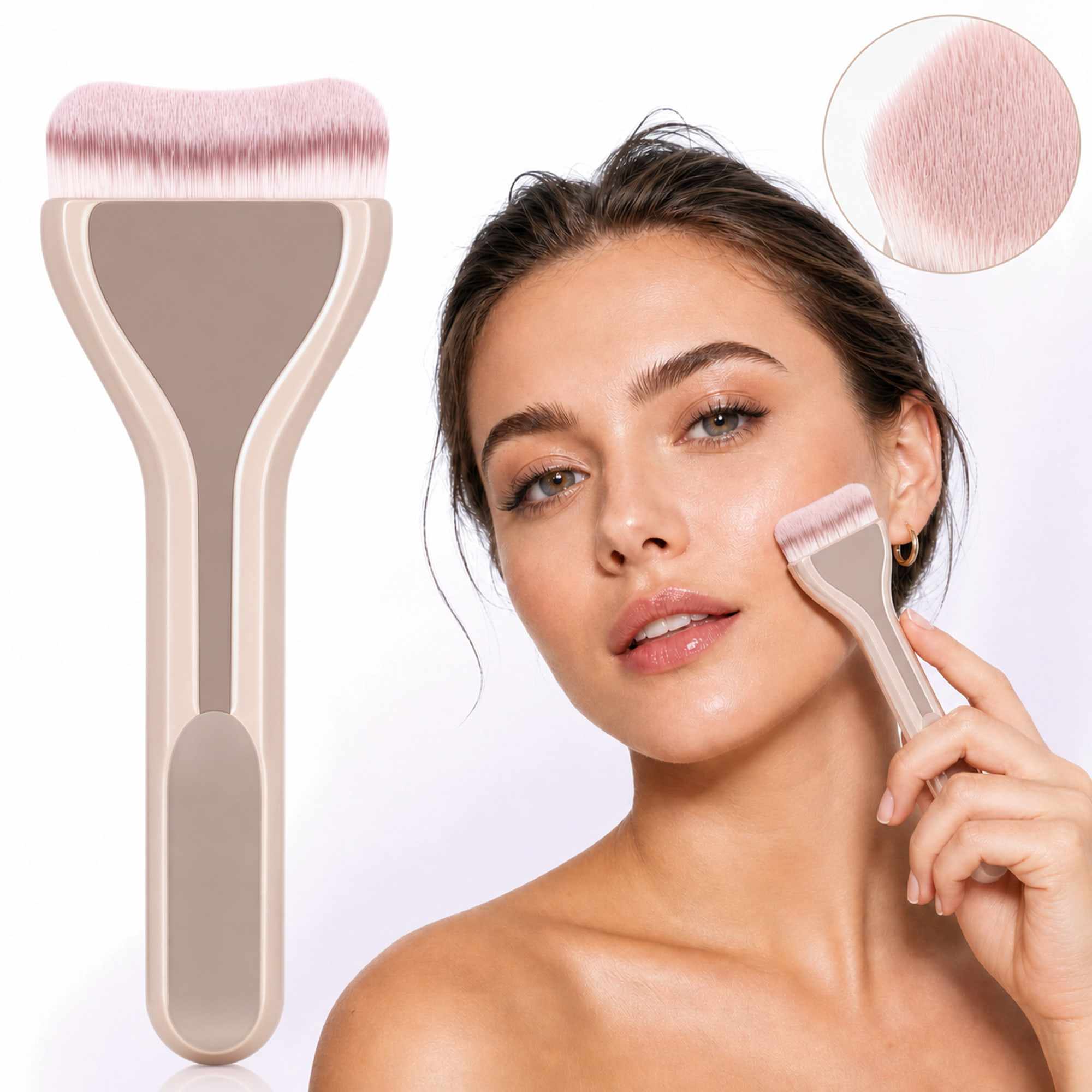 Brocha Facial Beige con Cerdas Suaves, Aplicador de Maquillaje para Base, Mascarillas y Skincare Spa